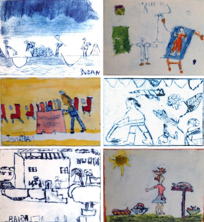 Collage of children's drawings and etchings