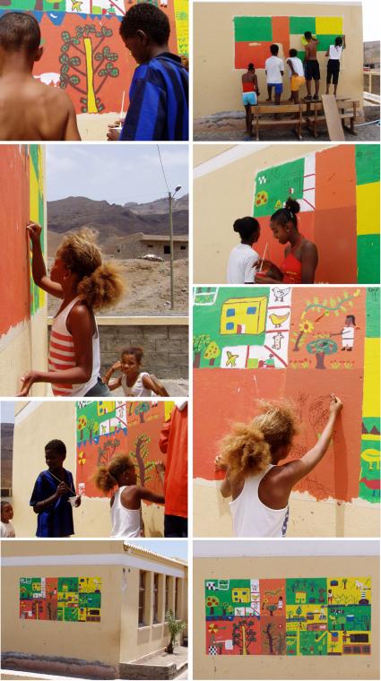 Children painting a mural