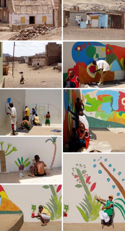 People painting a colourful mural