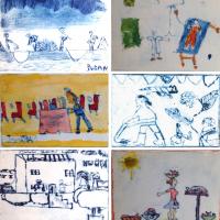 Collage of children's drawings and etchings