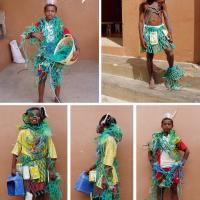 Kids wearing costumes made from garbage